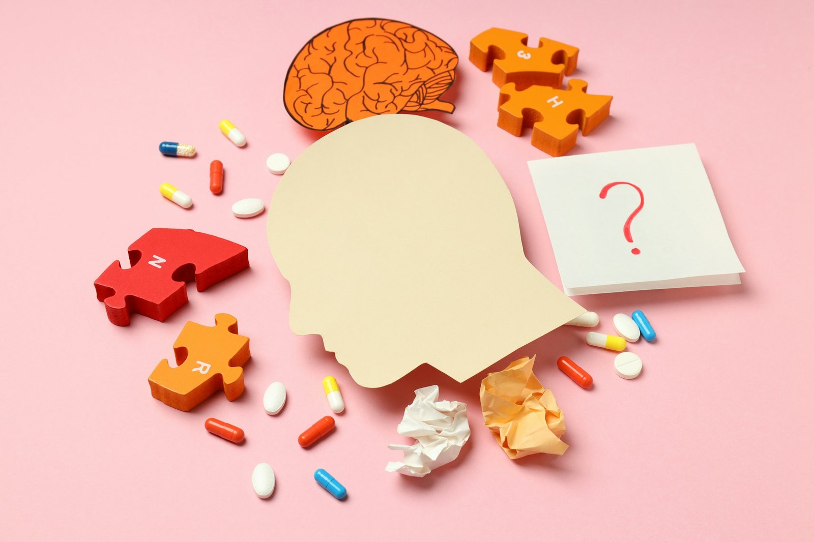 Concept of problems with memory, amnesia disease on pink background
